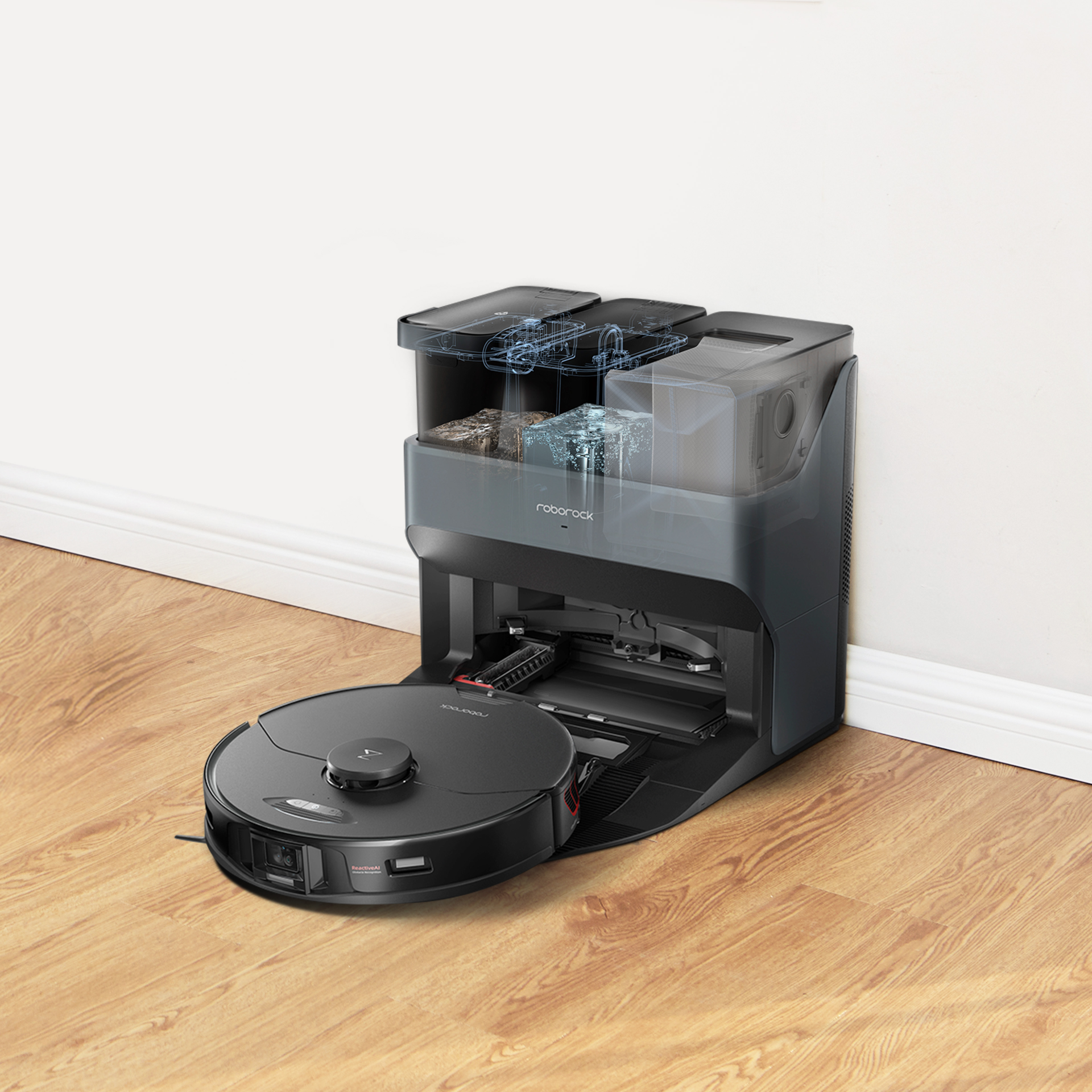 Close-up of the underside of a black robot vacuum, showing a red roller brush and circular mop pads, with illustrative white lines sweeping into the brush area to demonstrate suction