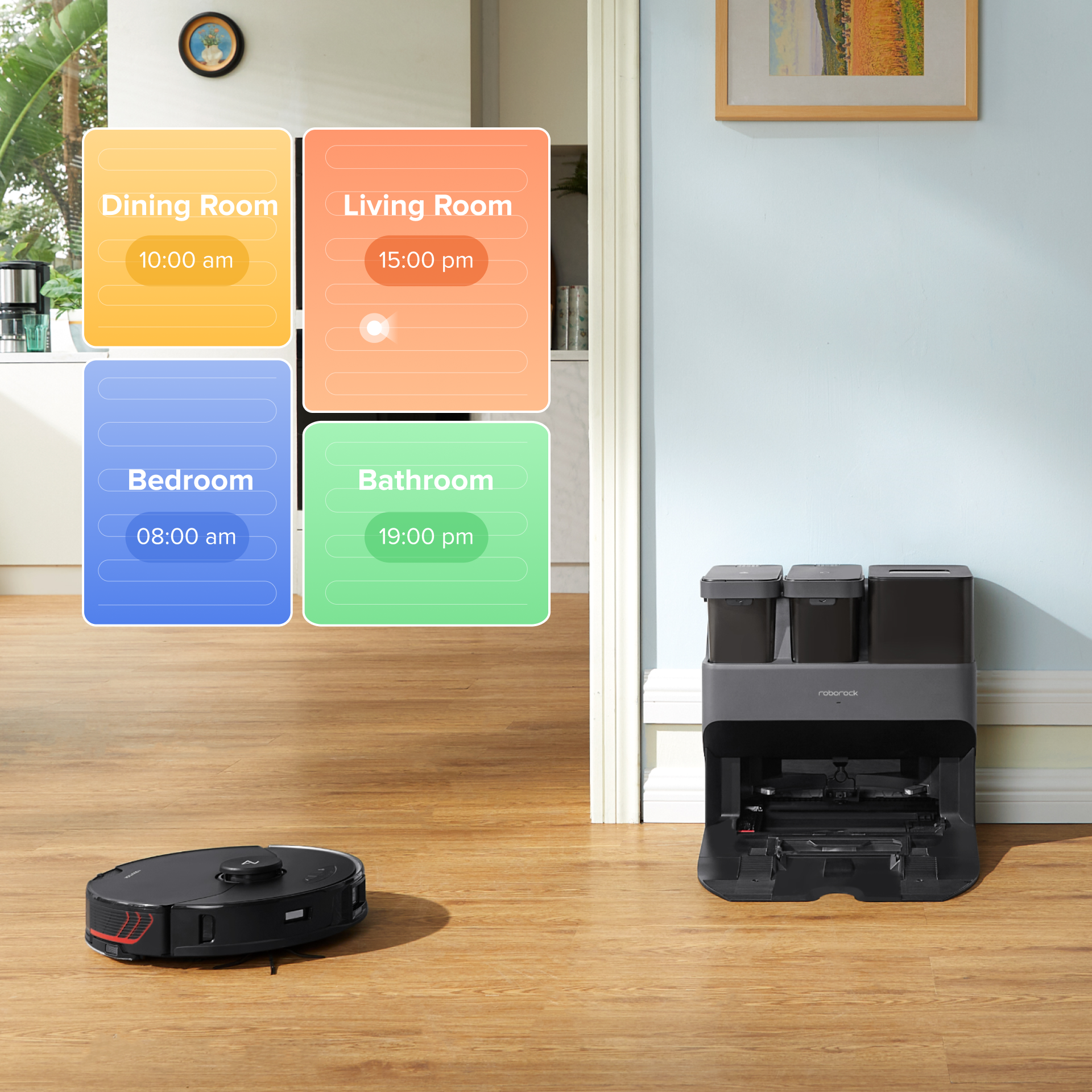 Black Roborock robot vacuum on a living room rug, emitting illustrative laser beams towards a toy cube, a pair of slippers, and a mirror. Floating blue icons with symbols appear next to each object to demonstrate Roborock's exclusive Autonomous StarSight™ System laser obstacle avoidance feature